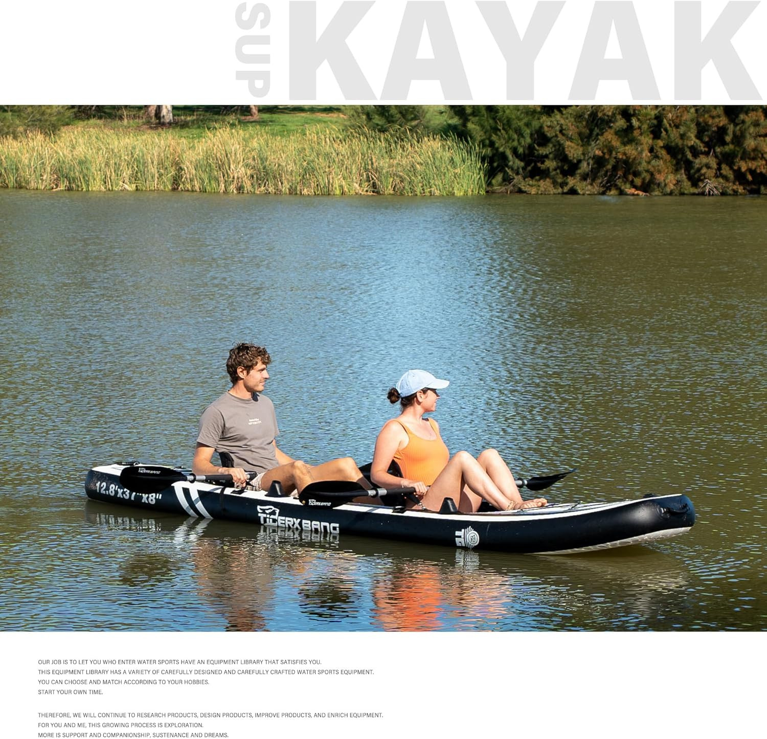 12’8″ Inflatable Tandem Kayak, Fishing & Touring, 2 Seats, Adjustable Paddle, Pe