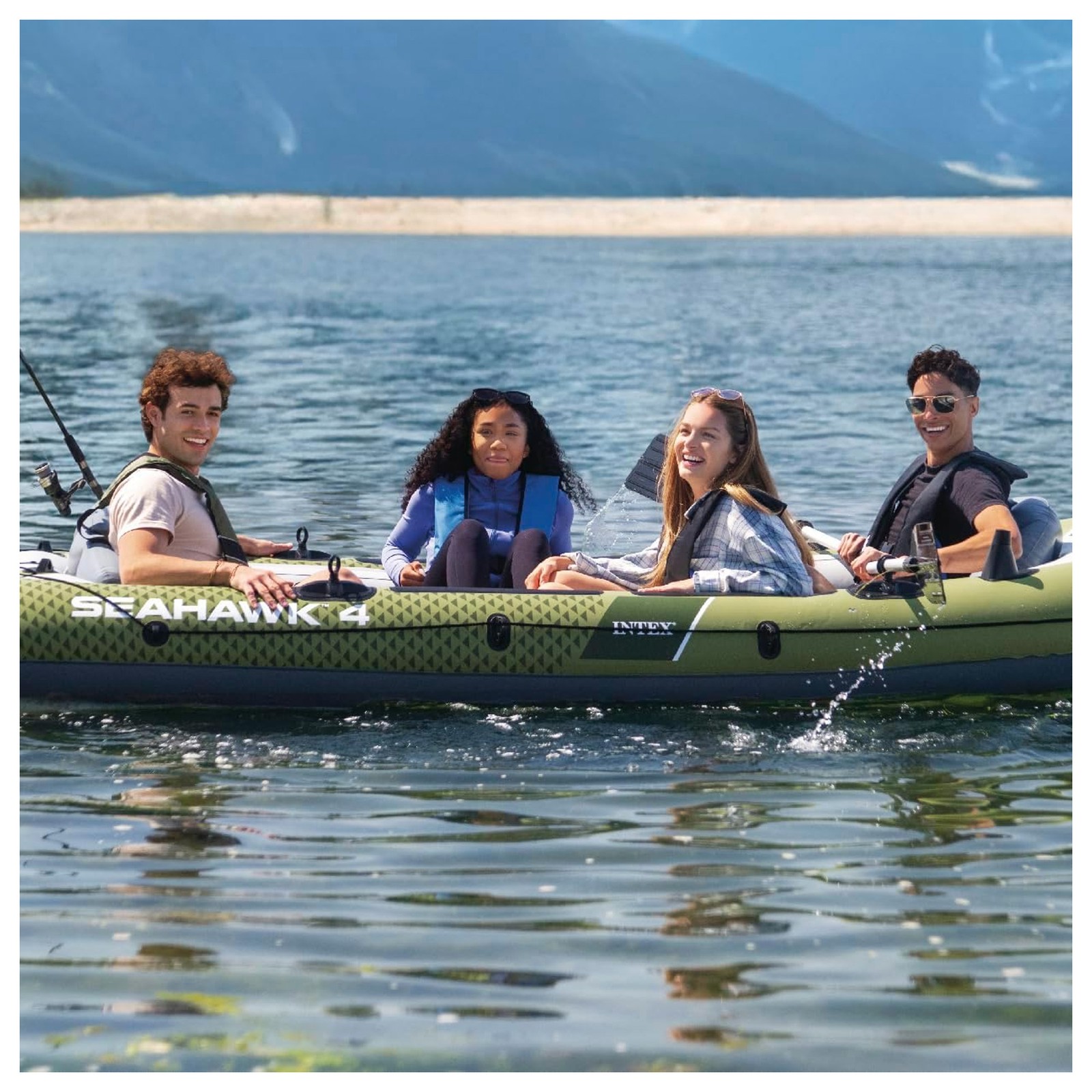 INTEX 66334EP Seahawk 4 Inflatable Boat Set with 54″ Oars, Pump, & Rod Holders