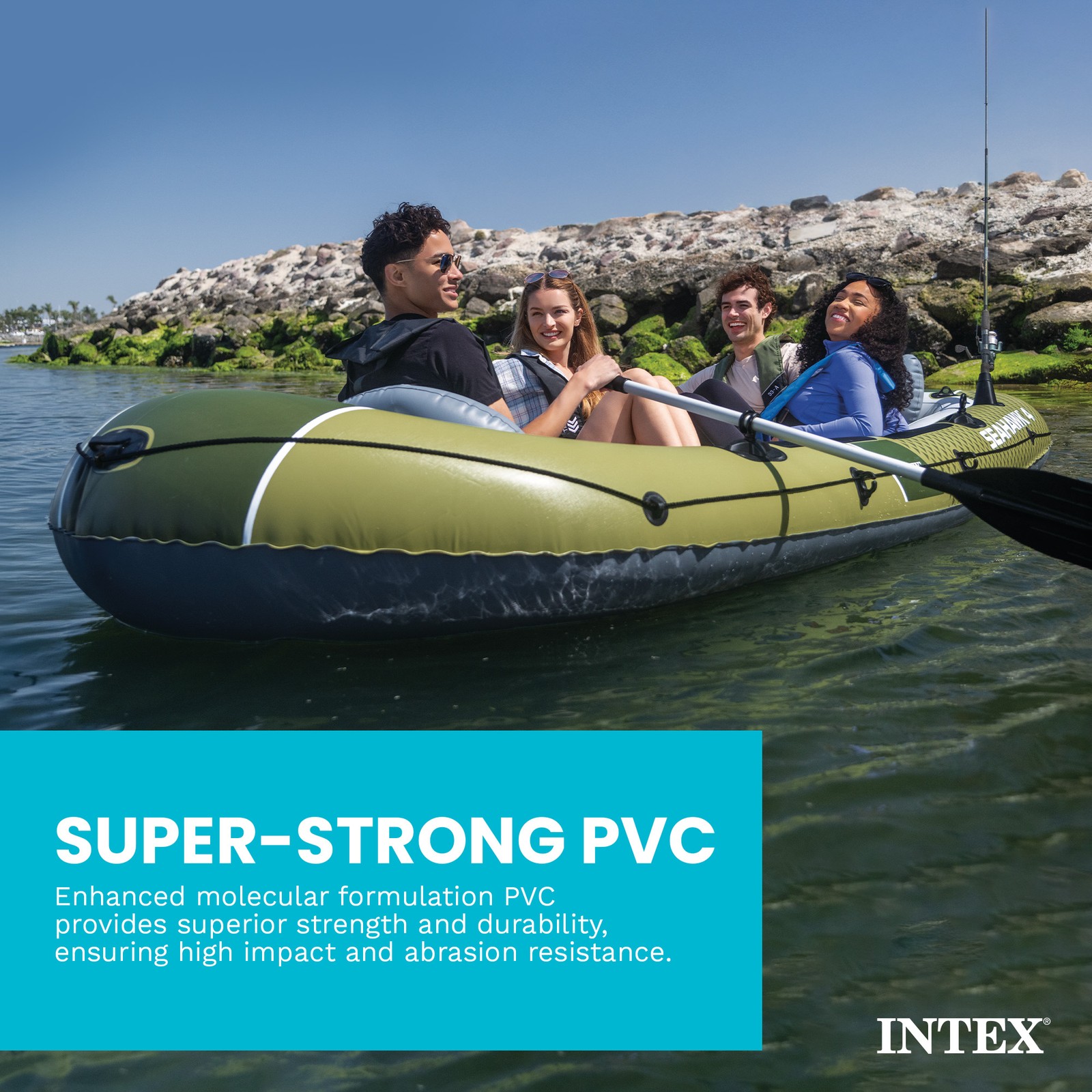 INTEX 66334EP Seahawk 4 Inflatable Boat Set with 54″ Oars, Pump, & Rod Holders
