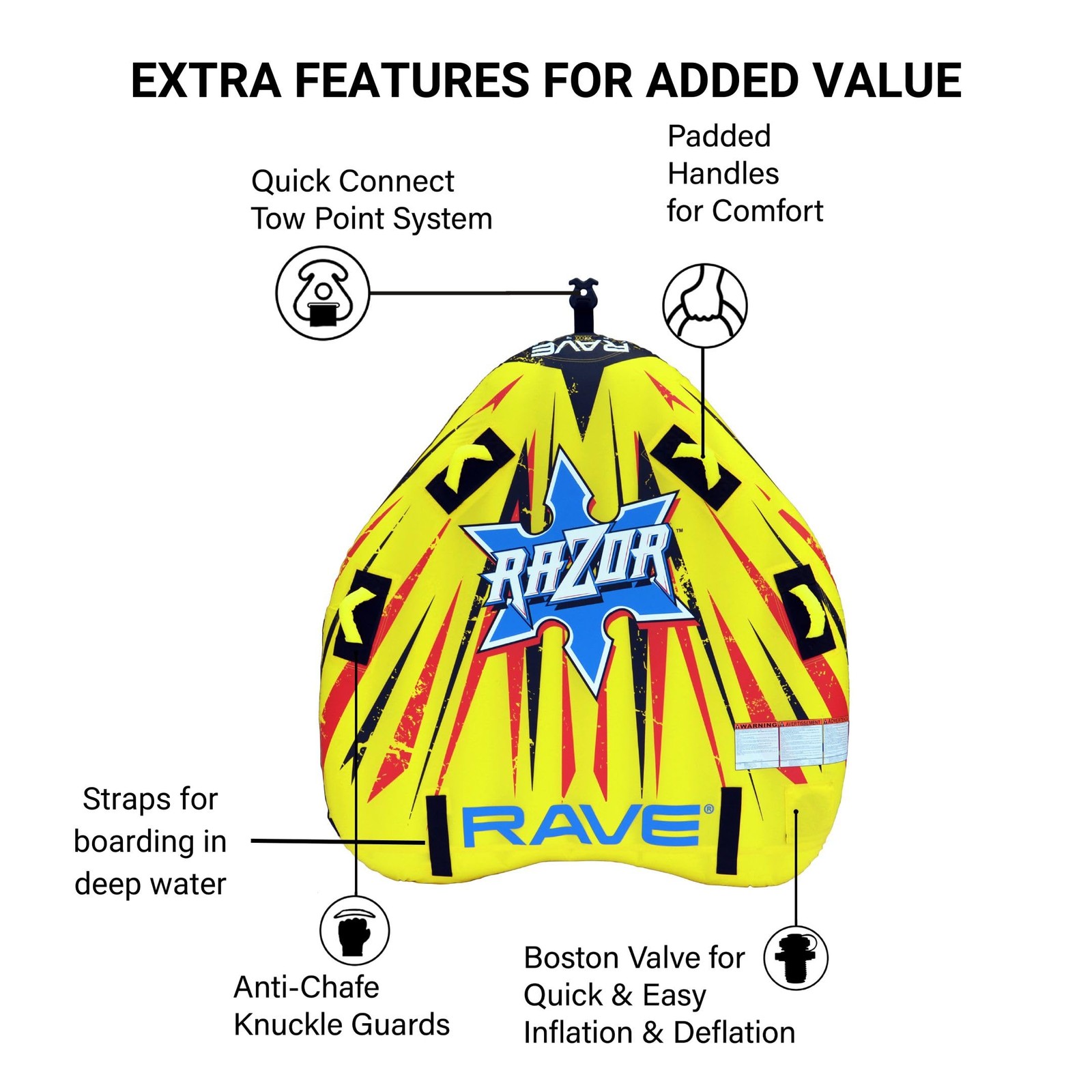 Rave Sports Razor Inflatable Towable Tube, 1-2 Riders, person, Yellow