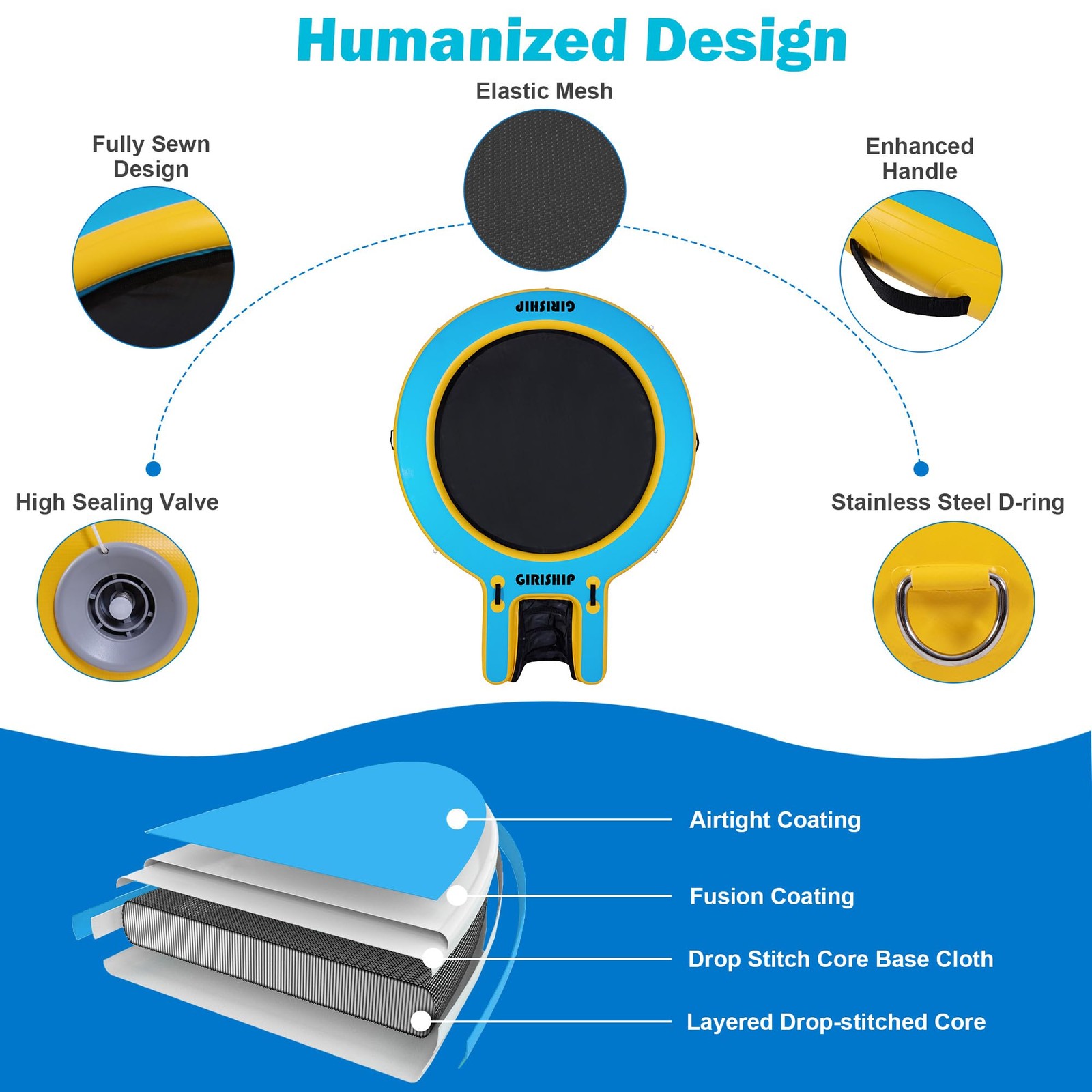 GIRISHIP Inflatable Water Hammock,Round Floating Ring 10FT, Blue Yellow+Black