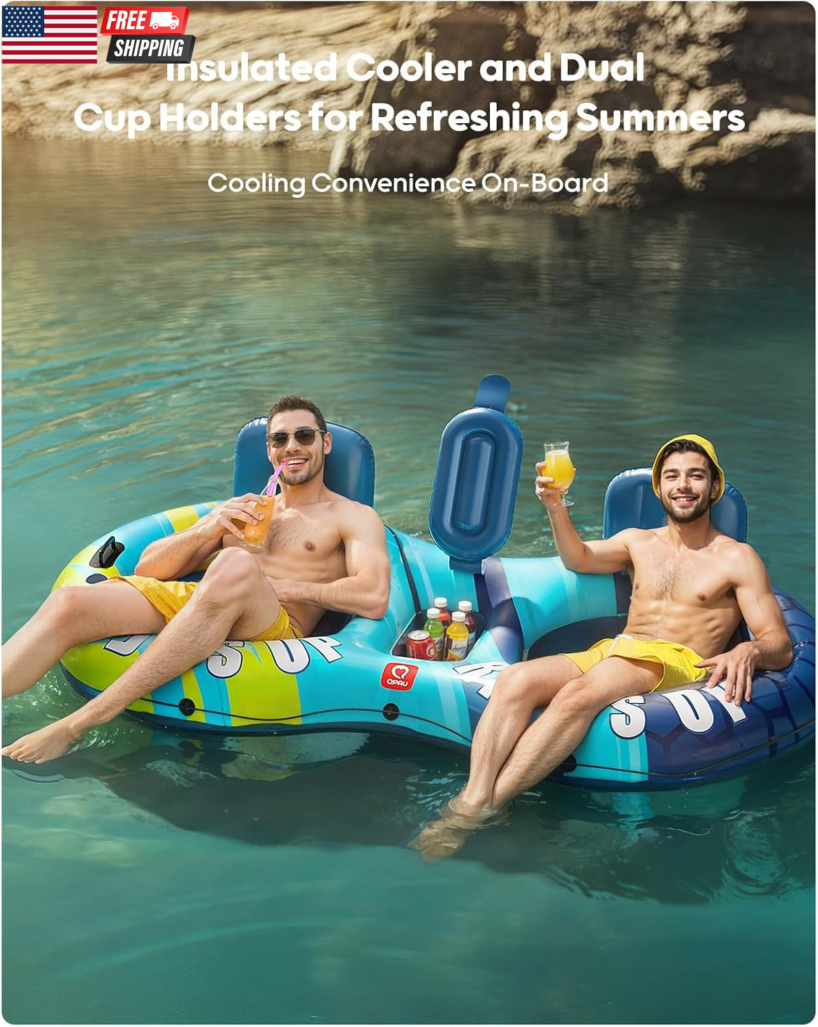 Inflatable Double River Tube, 2 Person 660Lb Capacity, Puncture-Resistant 93″ St