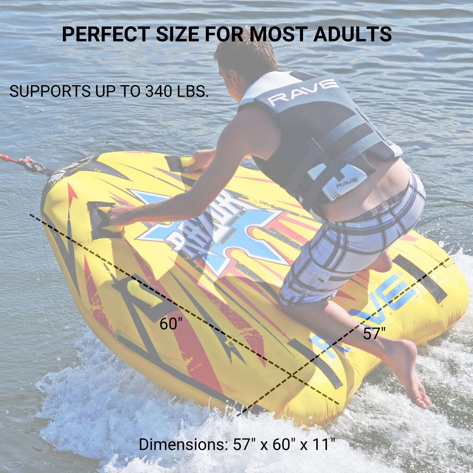 Rave Sports Razor Inflatable Towable Tube, 1-2 Riders, person, Yellow