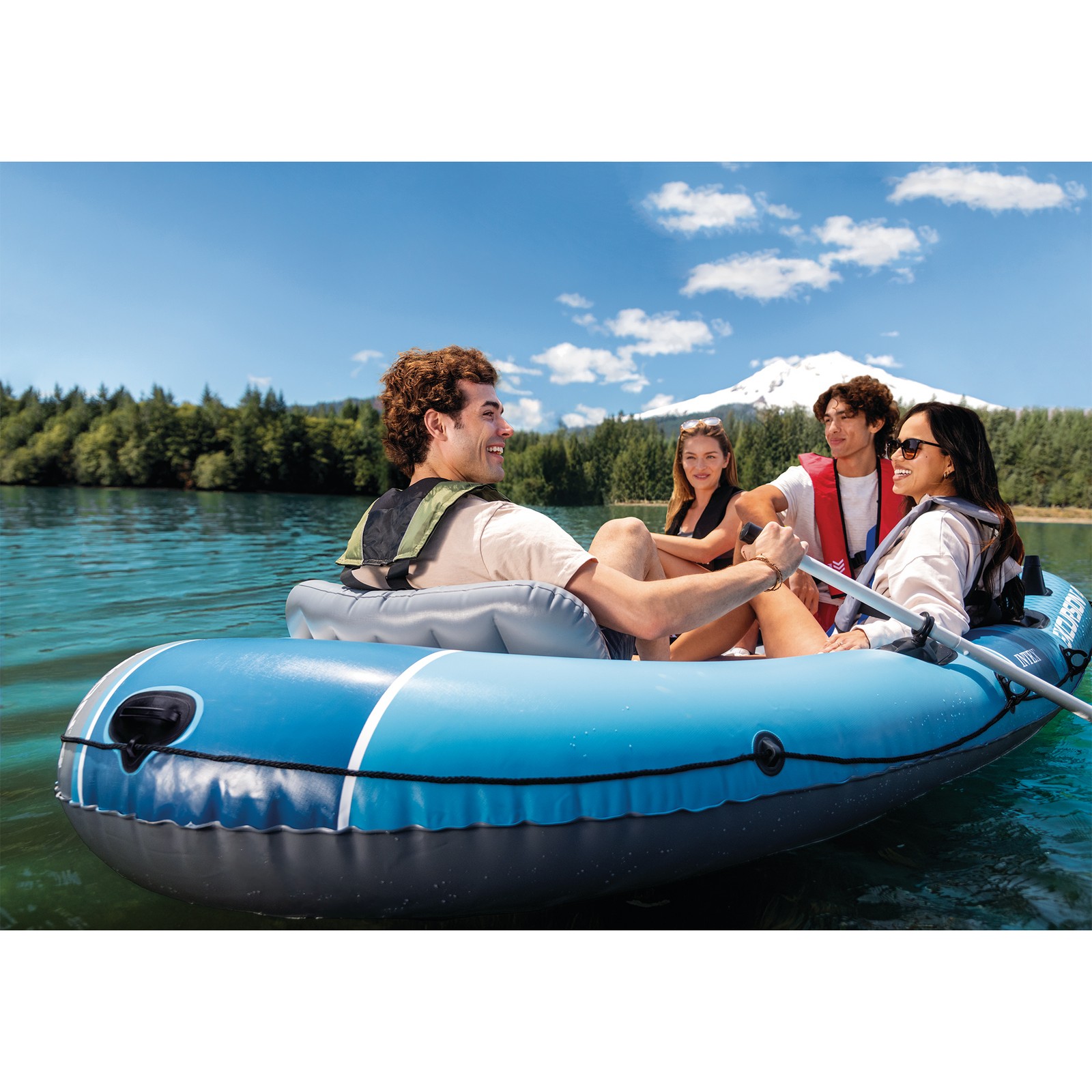 INTEX 66324EP Excursion 4 Inflatable Boat Set with 54″ Oars, Pump, & Rod Holders
