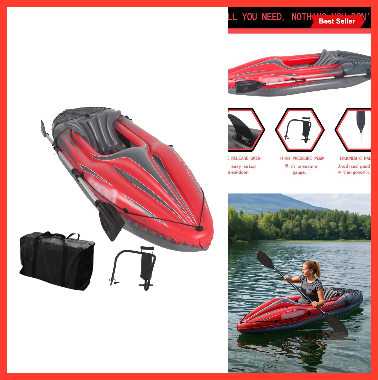 Inflatable Kayak Fishing Boat 1 Person Adult PVC Red with Paddles Bag Seats