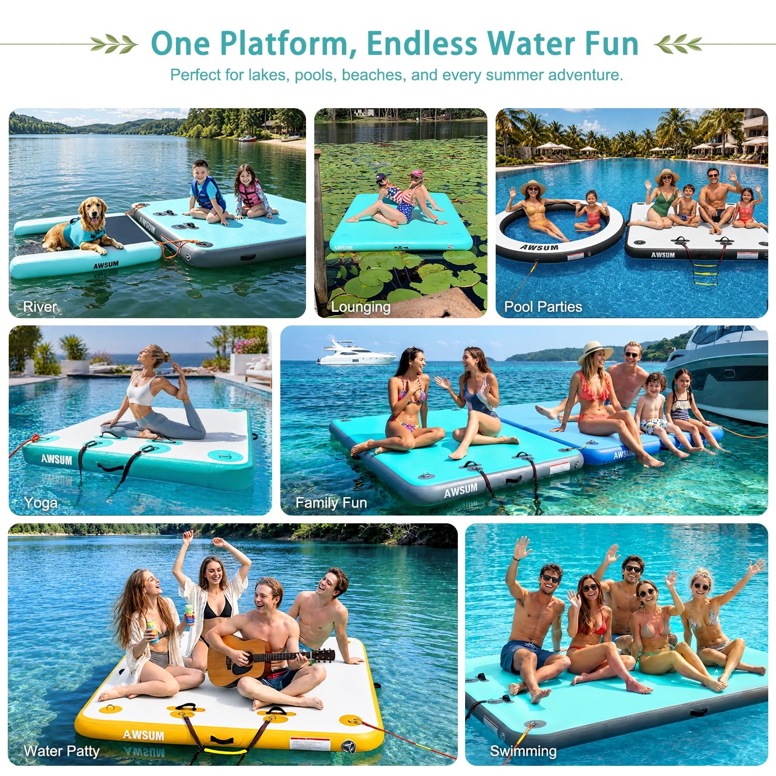 AWSUM 8ft Inflatable Floating Dock, Island Raft for 8 X 6 Ft, Mint Green/Gray