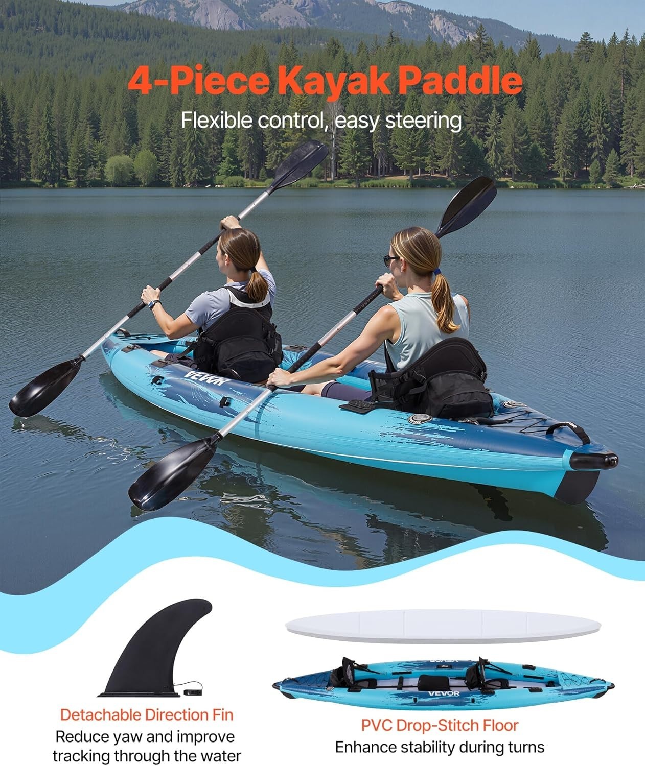Recreational Inflatable Kayak 2 Person Lightweight with Adjustable Backrests