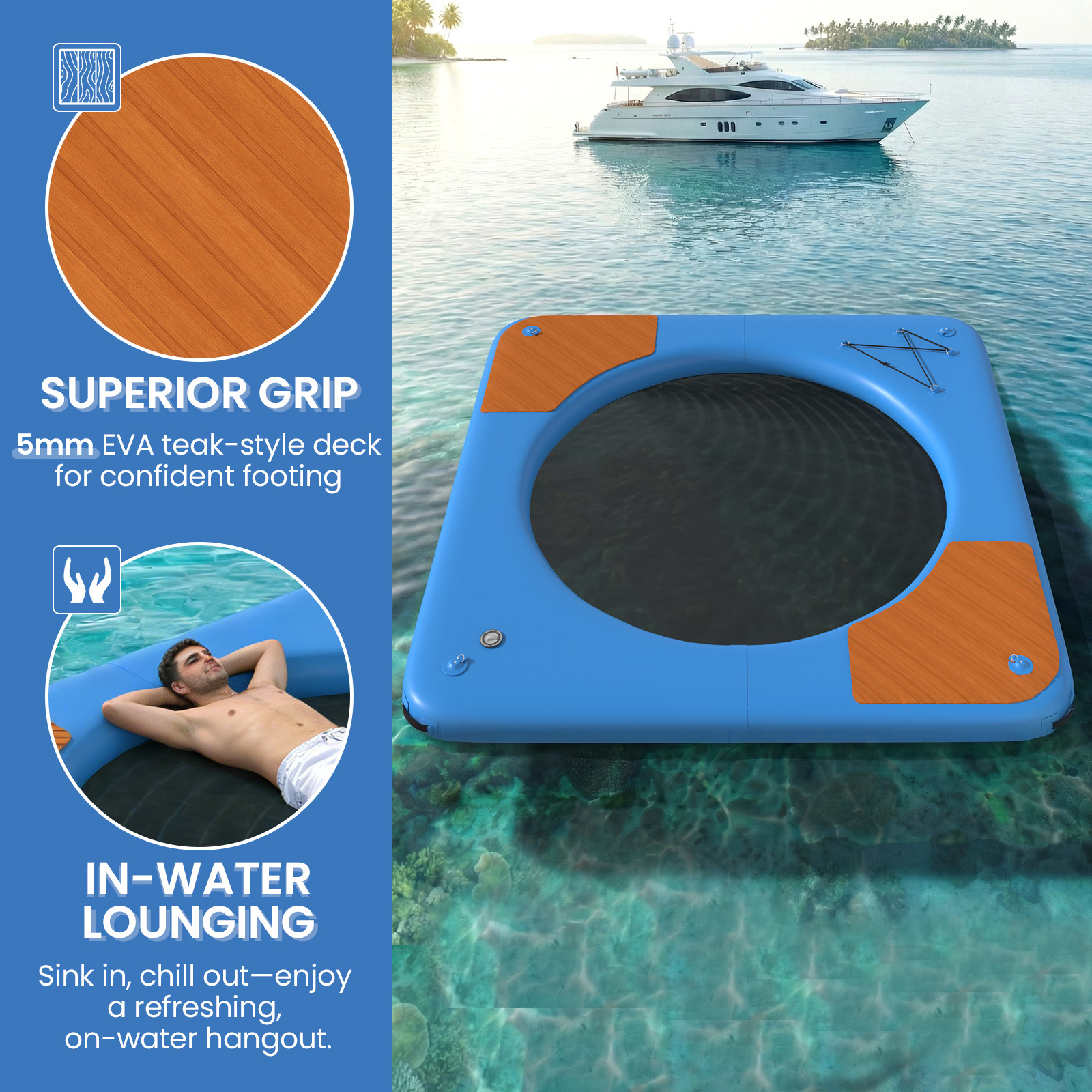 10ft Inflatable Floating Dock w/ Mesh Swim Net, 6in Thick EVA