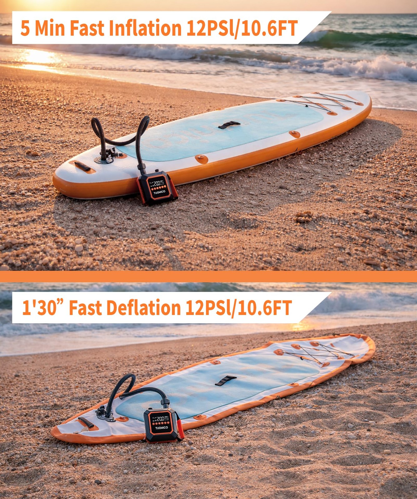 Tuomico Paddle Board Electric Pump Portable Sup Air Small, Black & Orange