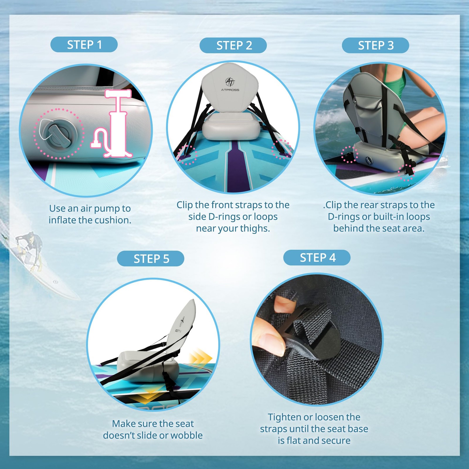 ATPROSS Inflatable Kayak Seat with Padded Backrest, 4 Adjustable Large, White