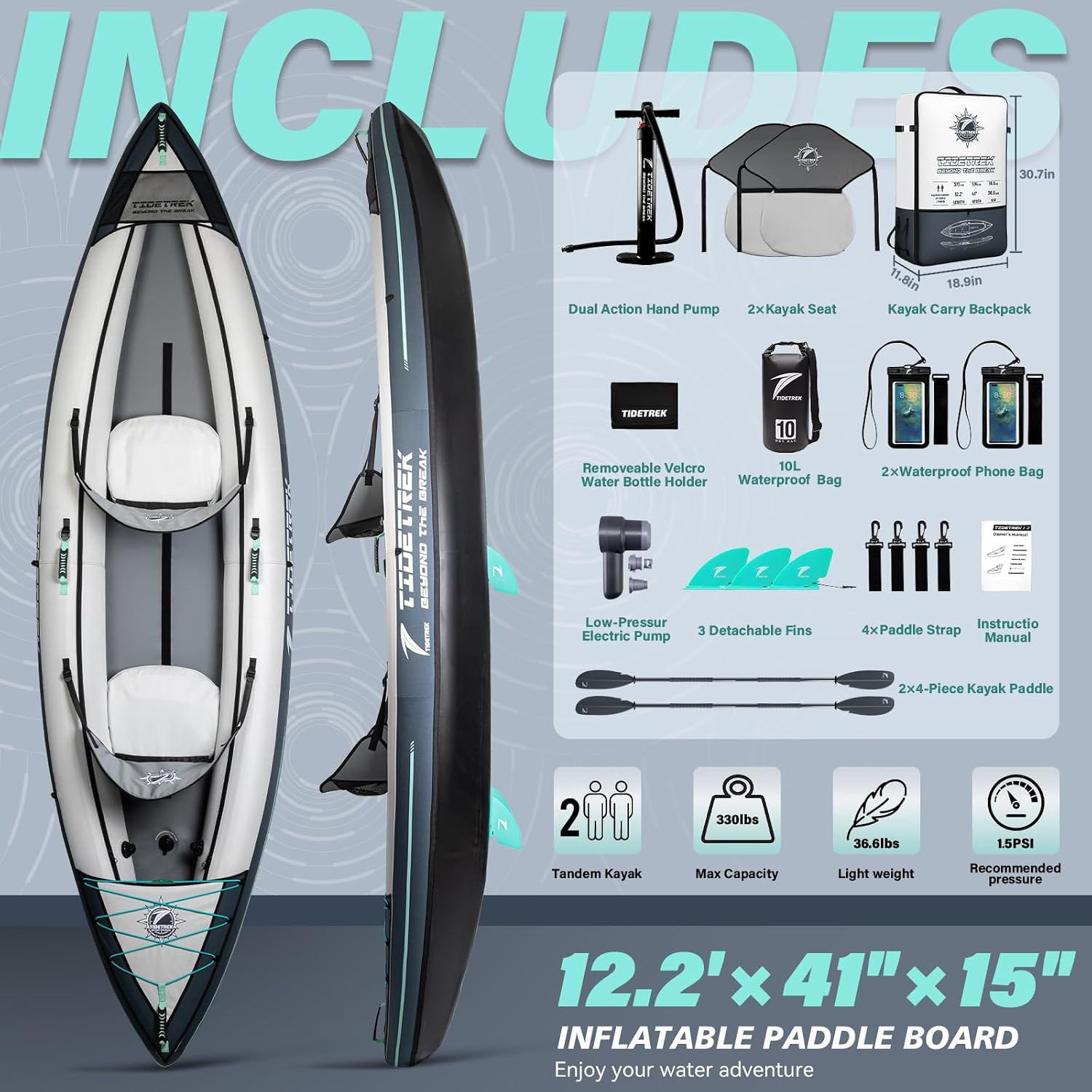 Inflatable Touring Kayak 1-Person & 2-Person with Waterproof Seat & Full Accesso