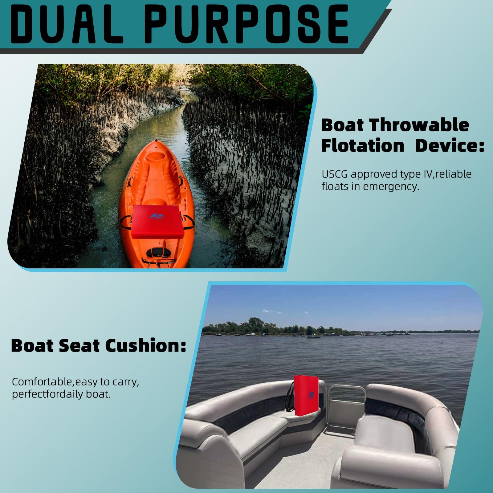 Throwable Flotation Cushion,Emergency Foam Boat 16»Wx14»Lx2.7»H, Red-1pack