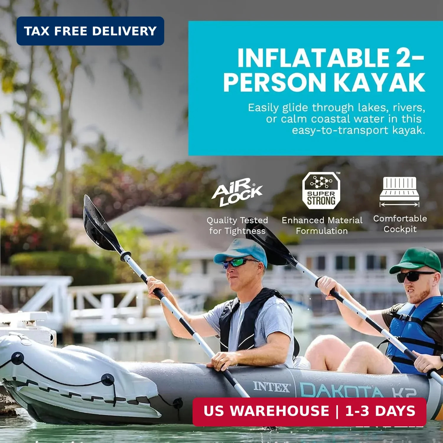2-Person Inflatable Kayak Set, Dakota K2 with 86in Oars and Pump
