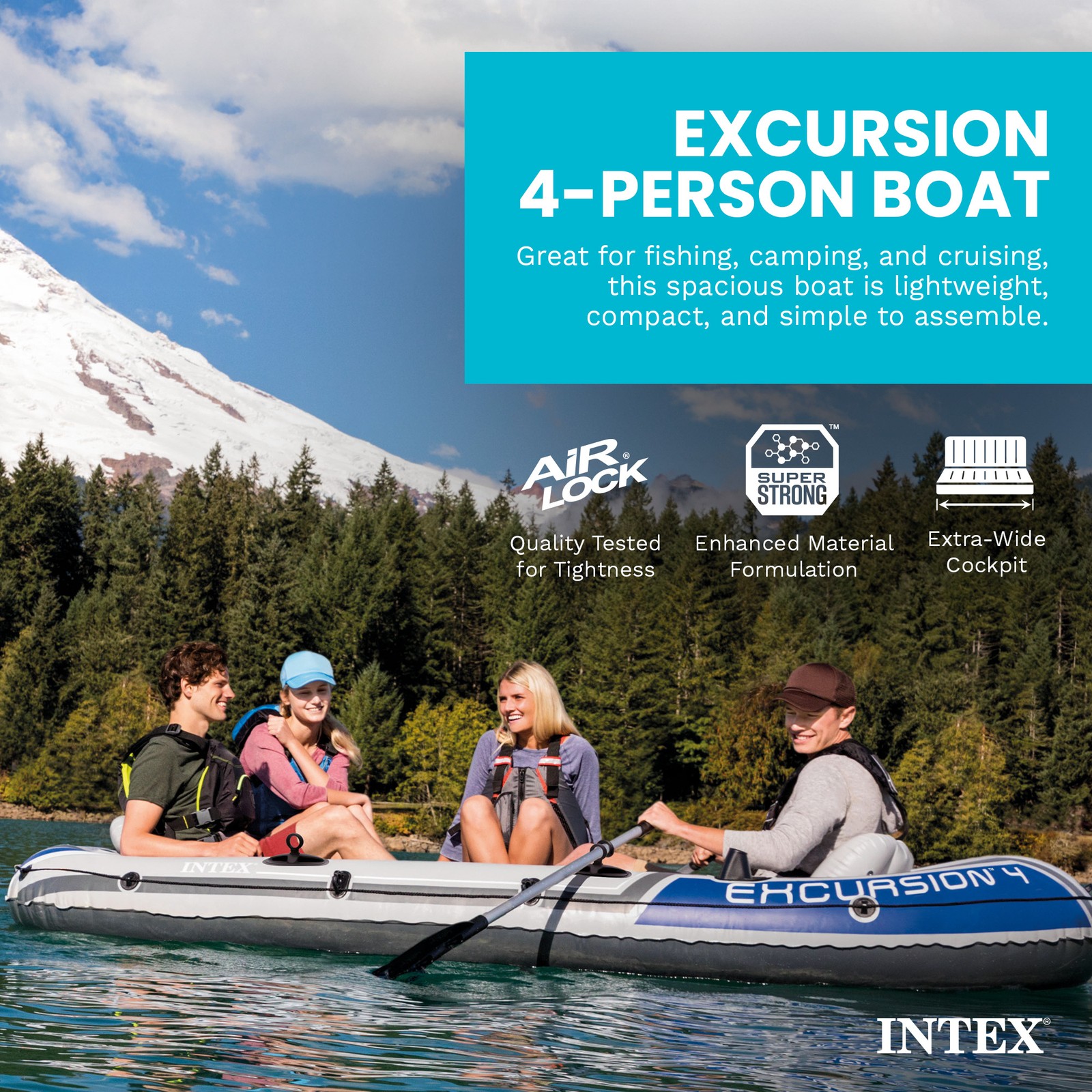 Intex Excursion 4 Person Inflatable Rafting and Fishing Boat Set with 2 Oars