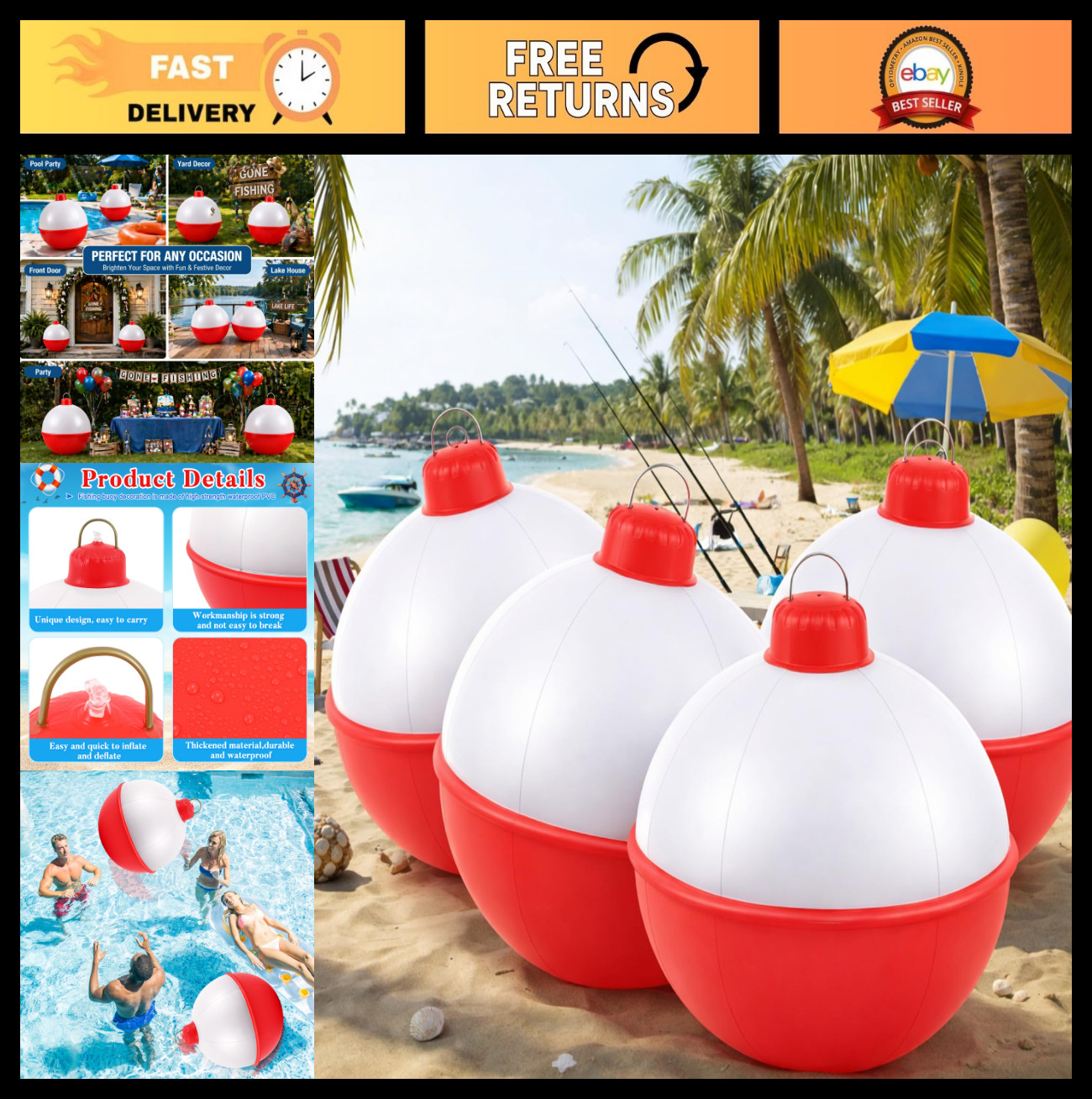 Giant Inflatable Fishing Bobber Balloons – 32 Inch Outdoor Decorations, Party Fa