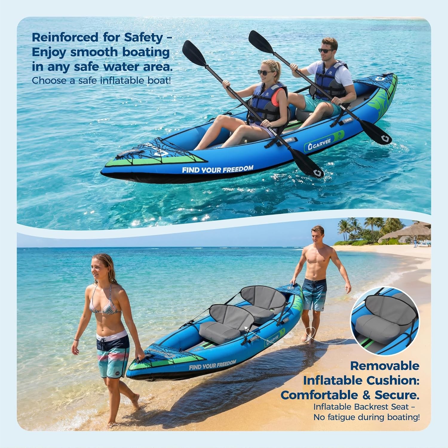 2 Person Inflatable Kayak 12.5ft Fishing Kayak Padded Seats 3 Fins Hand Pump