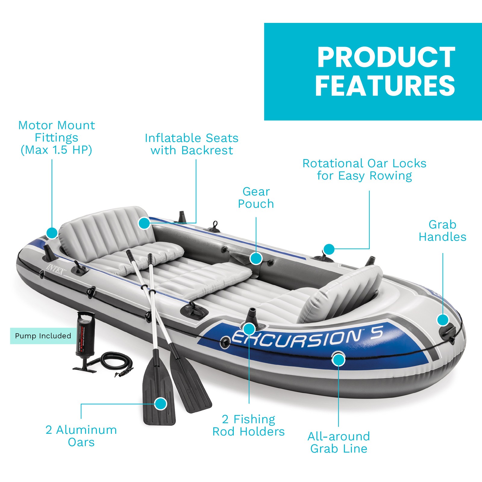 Intex 5 Person Fishing Boat Set w/2 Oars & Eight Speed Trolling Motor