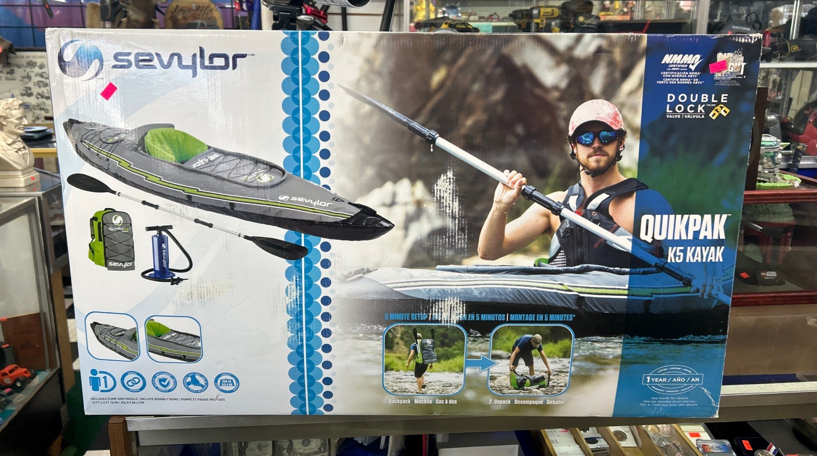 10 FT SEVYLOR QUIK PAK K5 1-PERSON INFLATABLE KAYAK W/CONVERTIBLE BACKPACK, NEW!