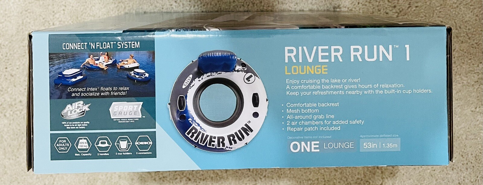NEW Intex River Run 1 Person River Tube White Blue Mesh Bottom Two Cup Holders