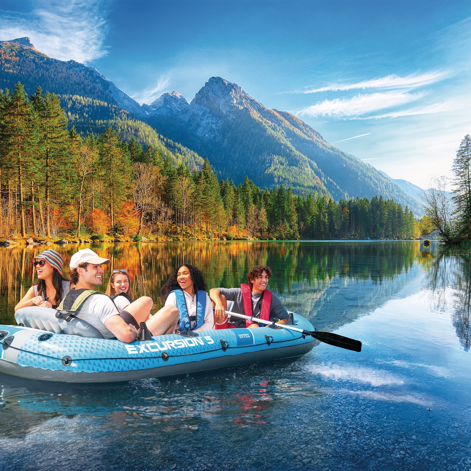 INTEX 66325EP Excursion 5 Inflatable Boat Set with 54″ Oars, Pump, & Rod Holders