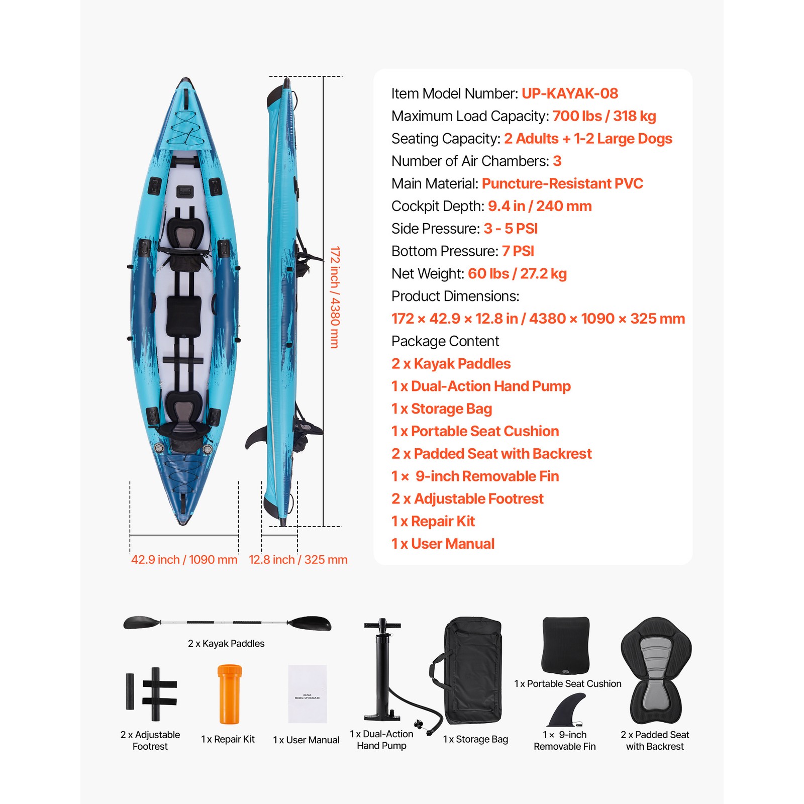 Inflatable Kayak 2-Person Inflatable Recreational Kayak 700LBS Capacity