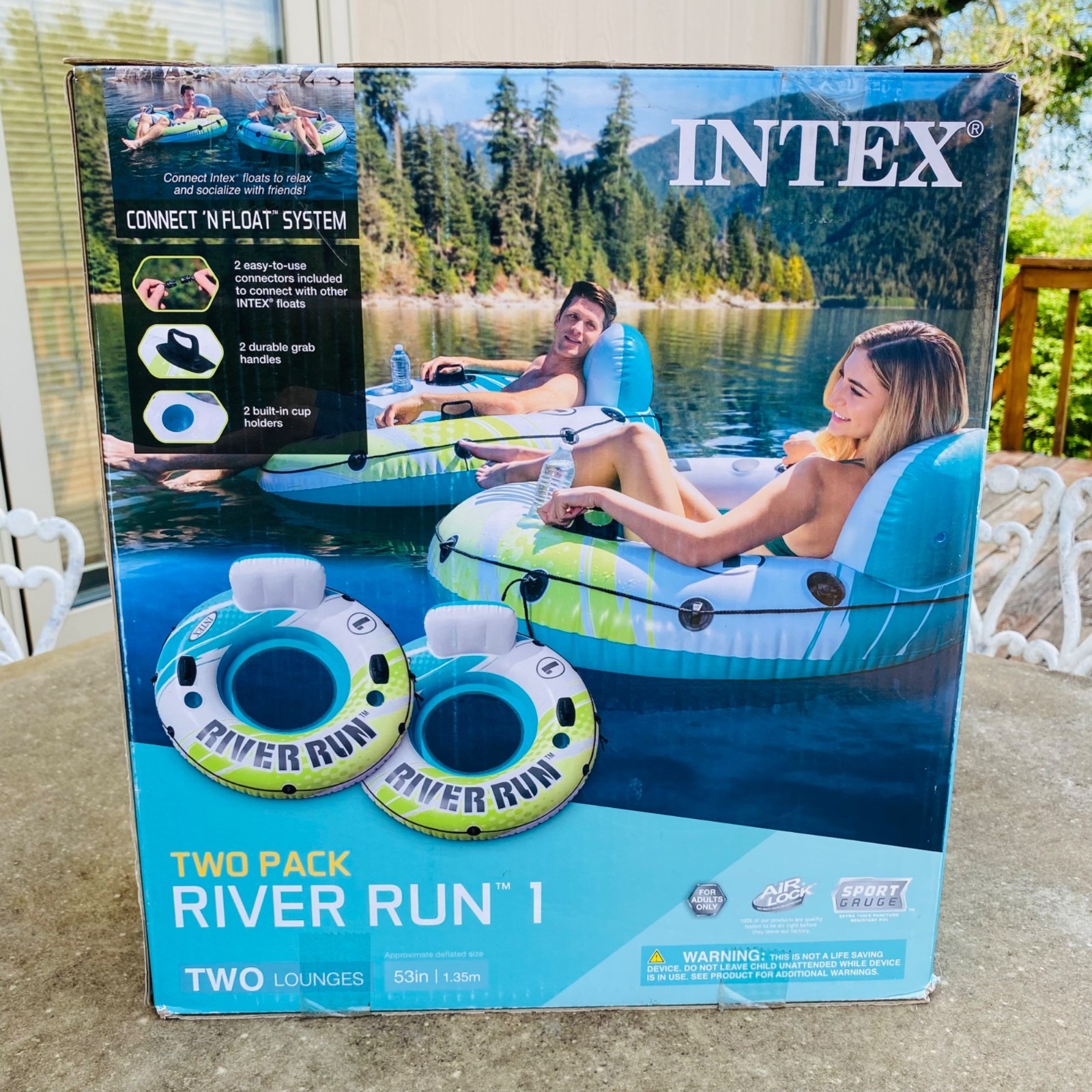 Intex Two Pack River Run 1 Inflatable Lounges With Backrest Cupholders Open Box
