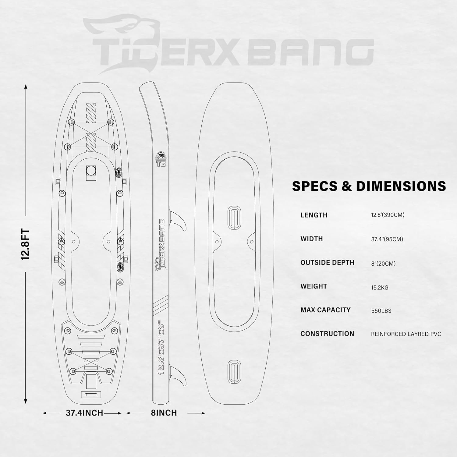 12’8″ Inflatable Tandem Kayak, Fishing & Touring, 2 Seats, Adjustable Paddle, Pe