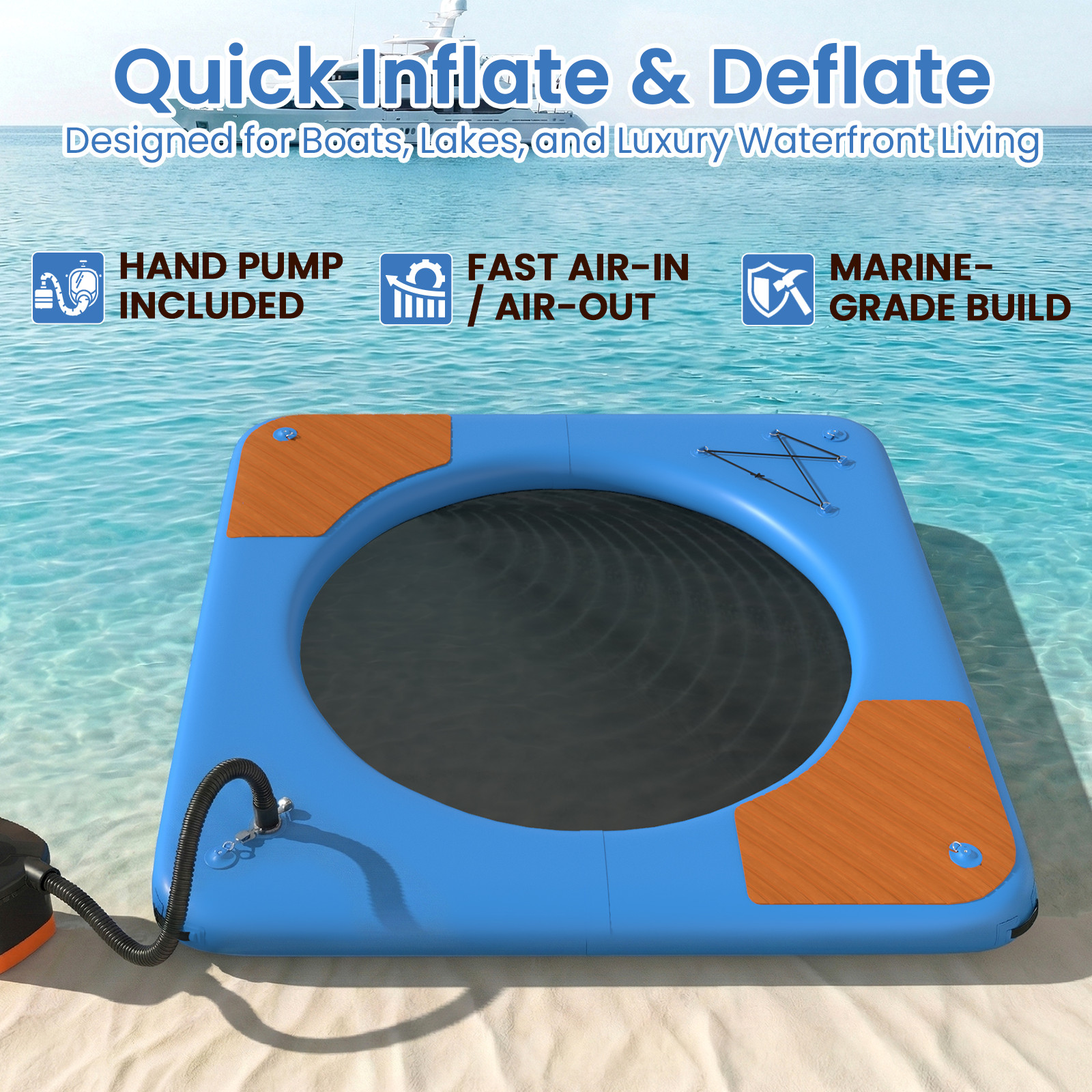 10ft Inflatable Floating Dock w/ Mesh Swim Net, 6in Thick EVA