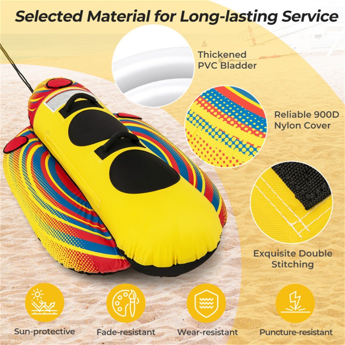2 Rider Towable Tube Inflatable for Boating Yellow Banana Boat Water Toy 340lb