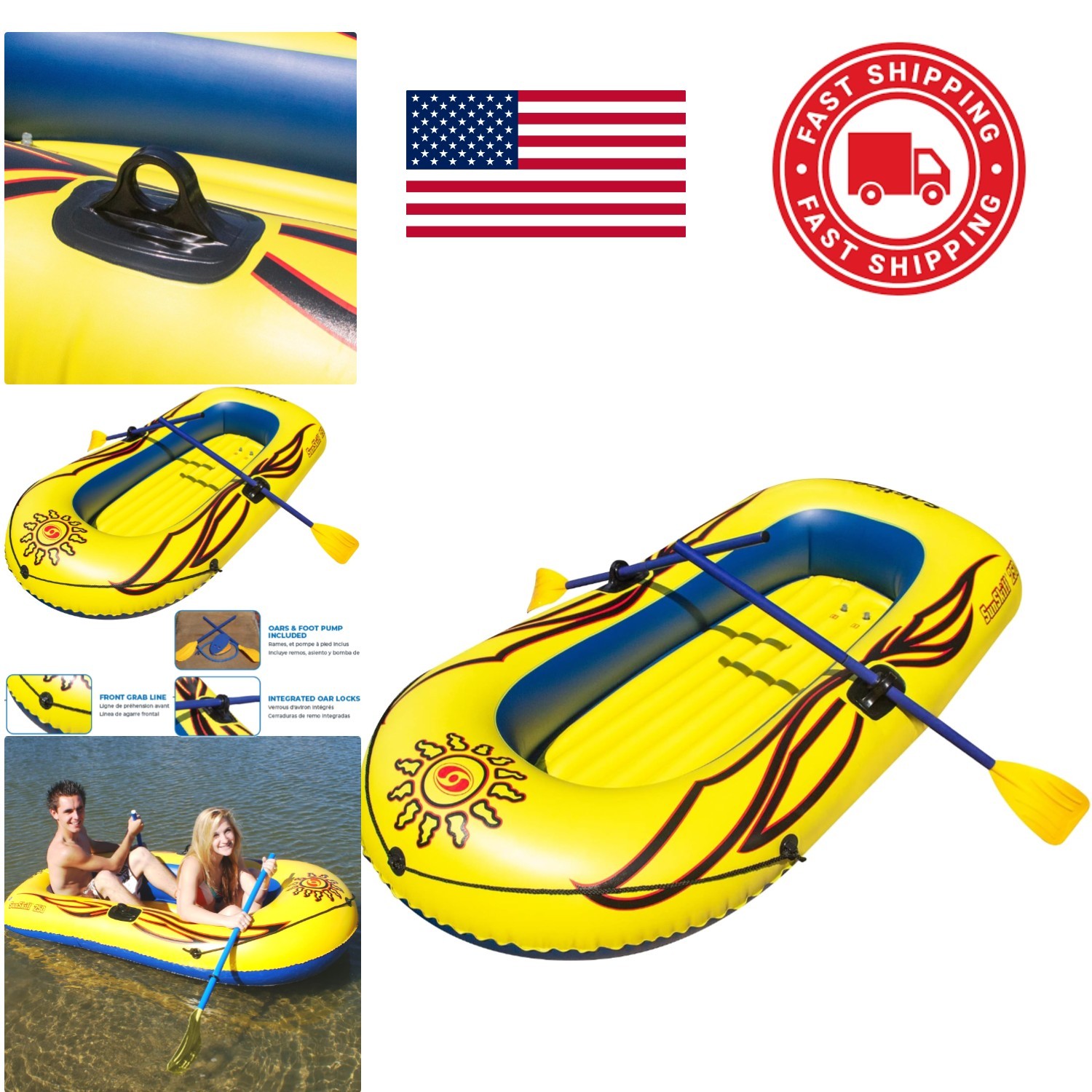 Durable Inflatable Boat for 2 Adults Kids Heavy Duty PVC Construction Yellow