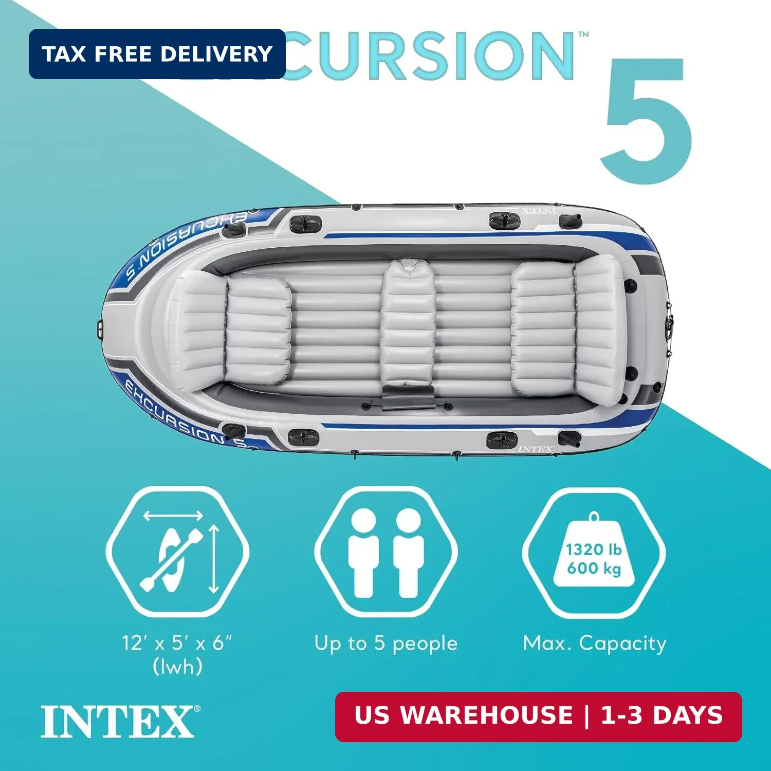 Intex Excursion 5 Person Inflatable Outdoor Fishing Raft Boat Set with 2 Aluminu