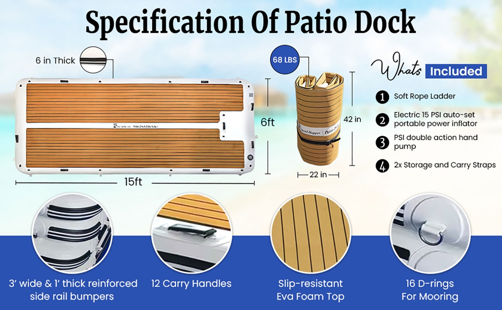 Island Hopper Inflatable Patio Dock 15′ Elite Class Water Platform – used 1 time