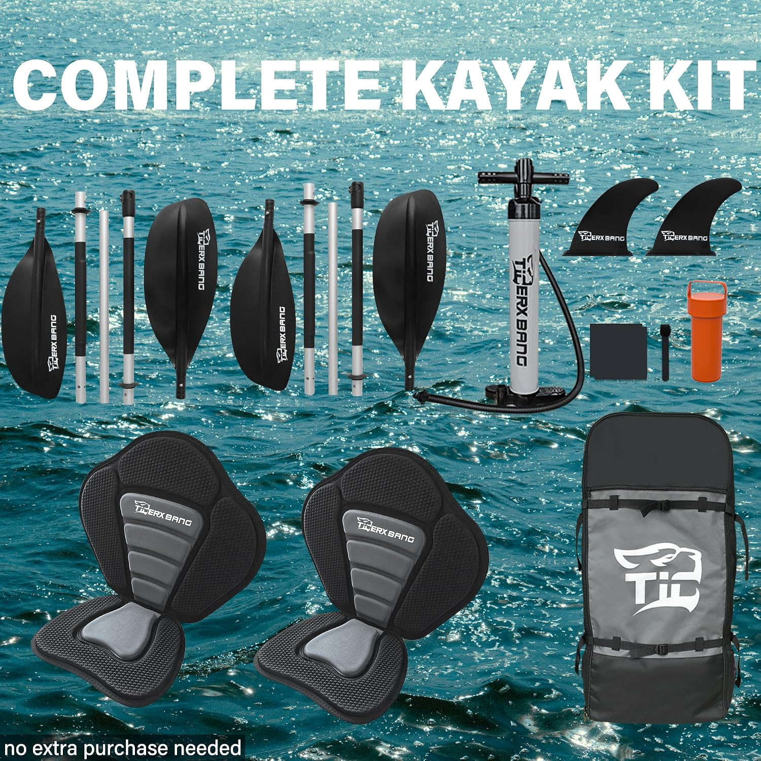 12’8″ Inflatable Tandem Kayak, Fishing & Touring, 2 Seats, Adjustable Paddle, Pe
