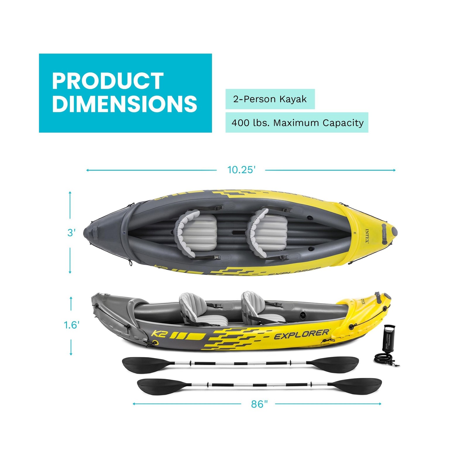Intex 68307EP Explorer K2 Inflatable Kayak Set: Includes Deluxe 86in Aluminum…