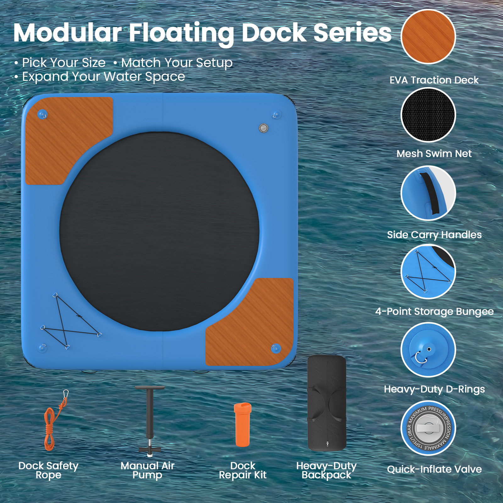 10ft Inflatable Floating Dock w/ Mesh Swim Net, 6in Thick EVA