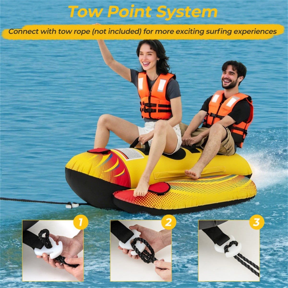 2 Rider Towable Tube Inflatable for Boating Yellow Banana Boat Water Toy 340lb