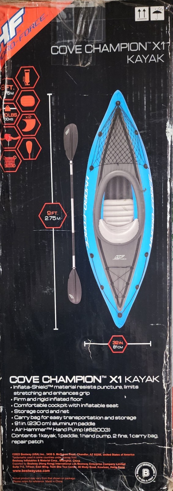 Bestway Hydro-Force Cove Champion X1 Inflatable Kayak Set 9ft 1-Person Blue NEW