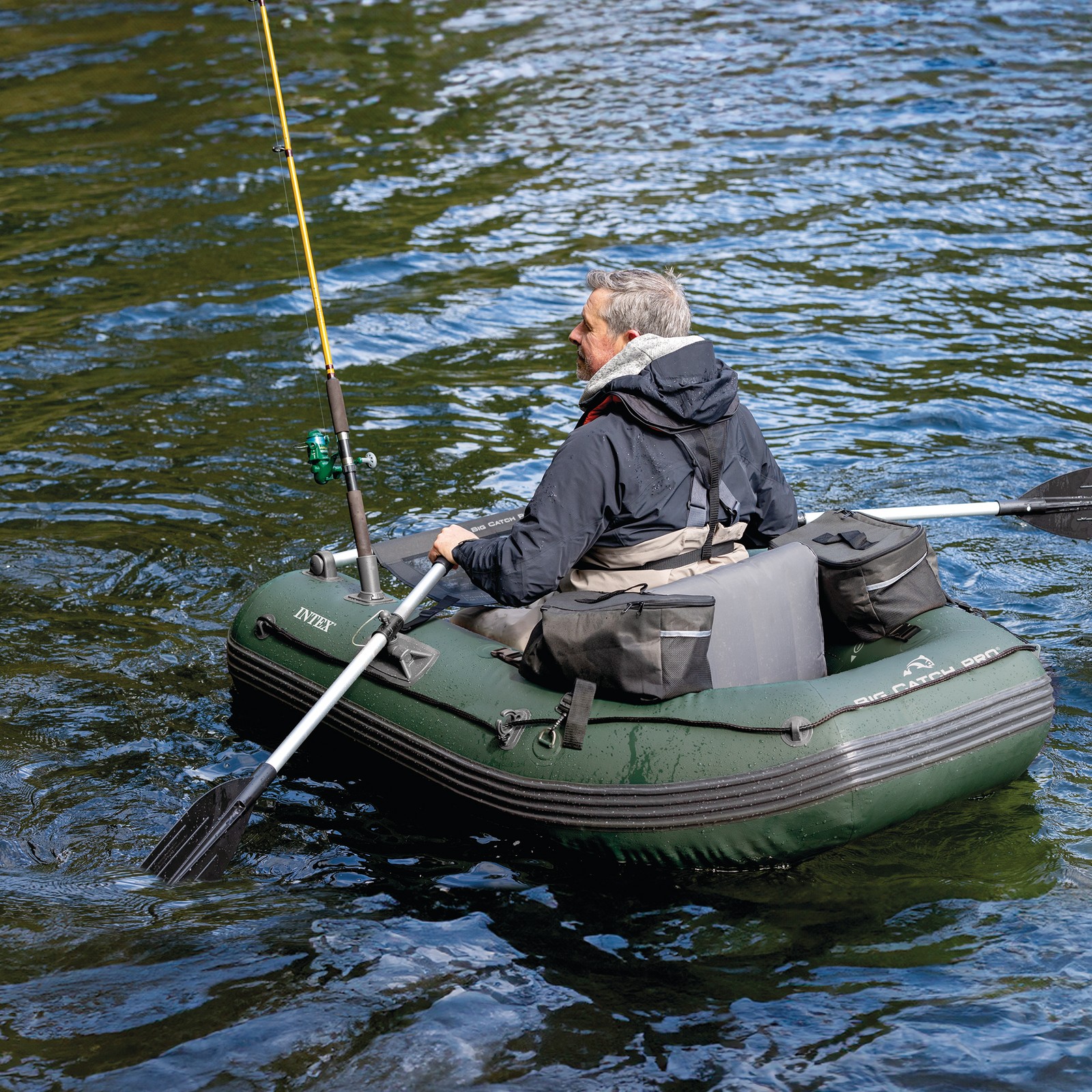 INTEX Big Catch Pro Inflatable Fishing Float Tube Set w/Oars, Pump & Rod Holders