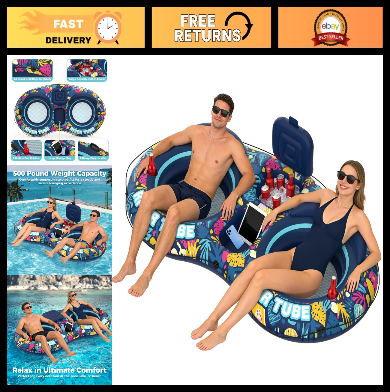 Inflatable 2-Person River Tube Float – Heavy Duty Raft with Cooler & Cup Holders