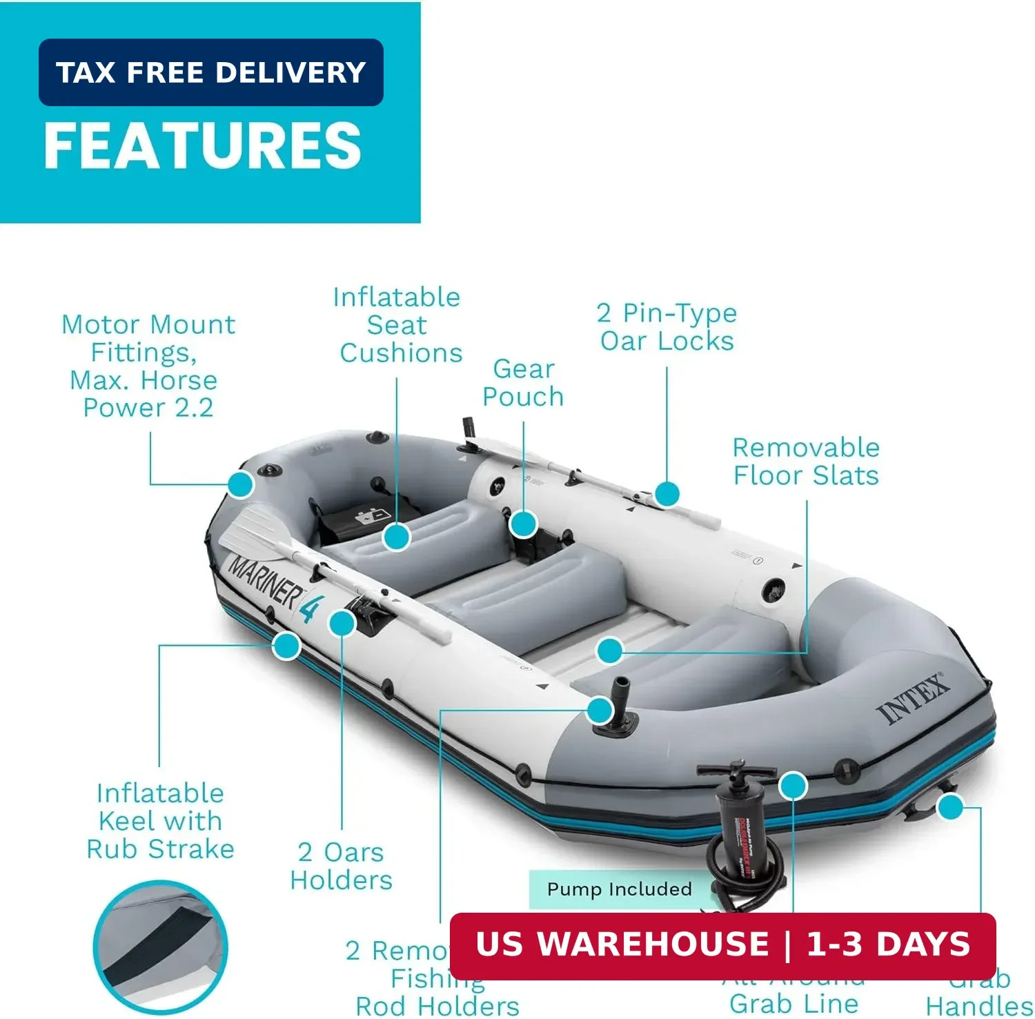 Mariner 4 Person Inflatable Fishing Boat Set SuperTough PVC Oars Pump Keel New