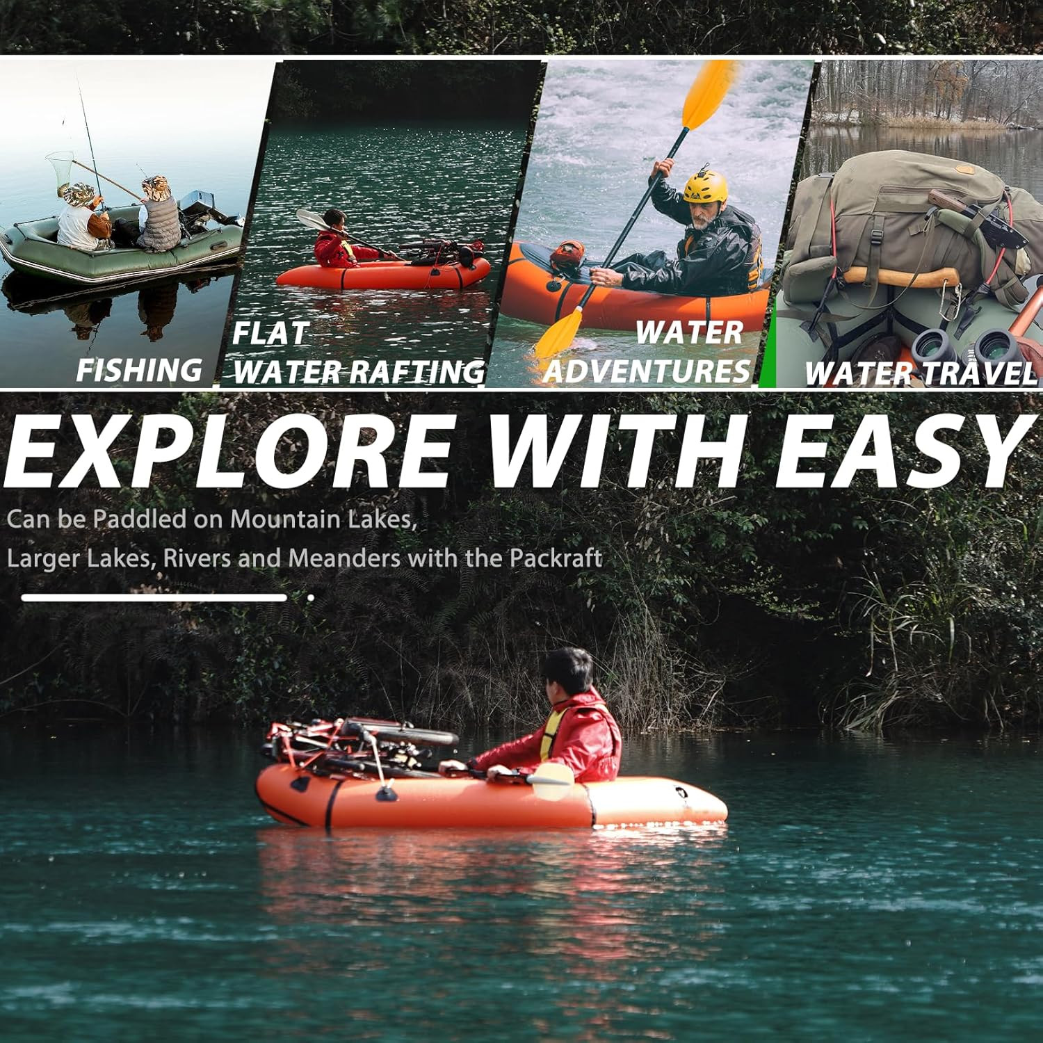 Lightweight Packrafts, TPU Inflatable Packraft for Flat Water Rafting Camping Tr