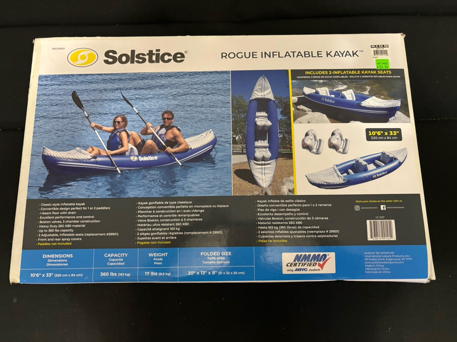 Solstice Rogue Inflatable Kayak 10’6” – 1 or 2 Person – New in Box, Never Used