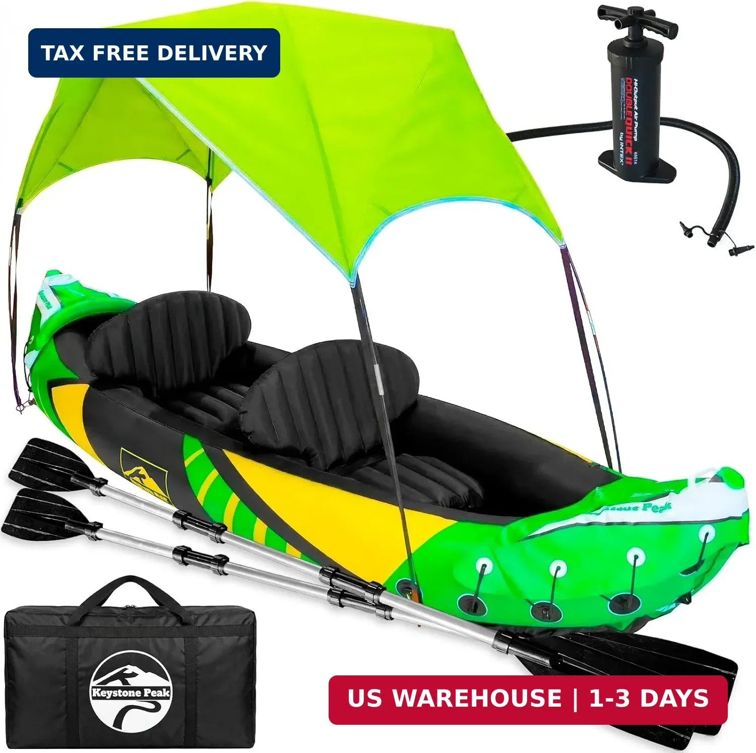 Inflatable Kayak 2 Person with Detachable Sun Canopy – Heavy-Duty Tandem Kayak f