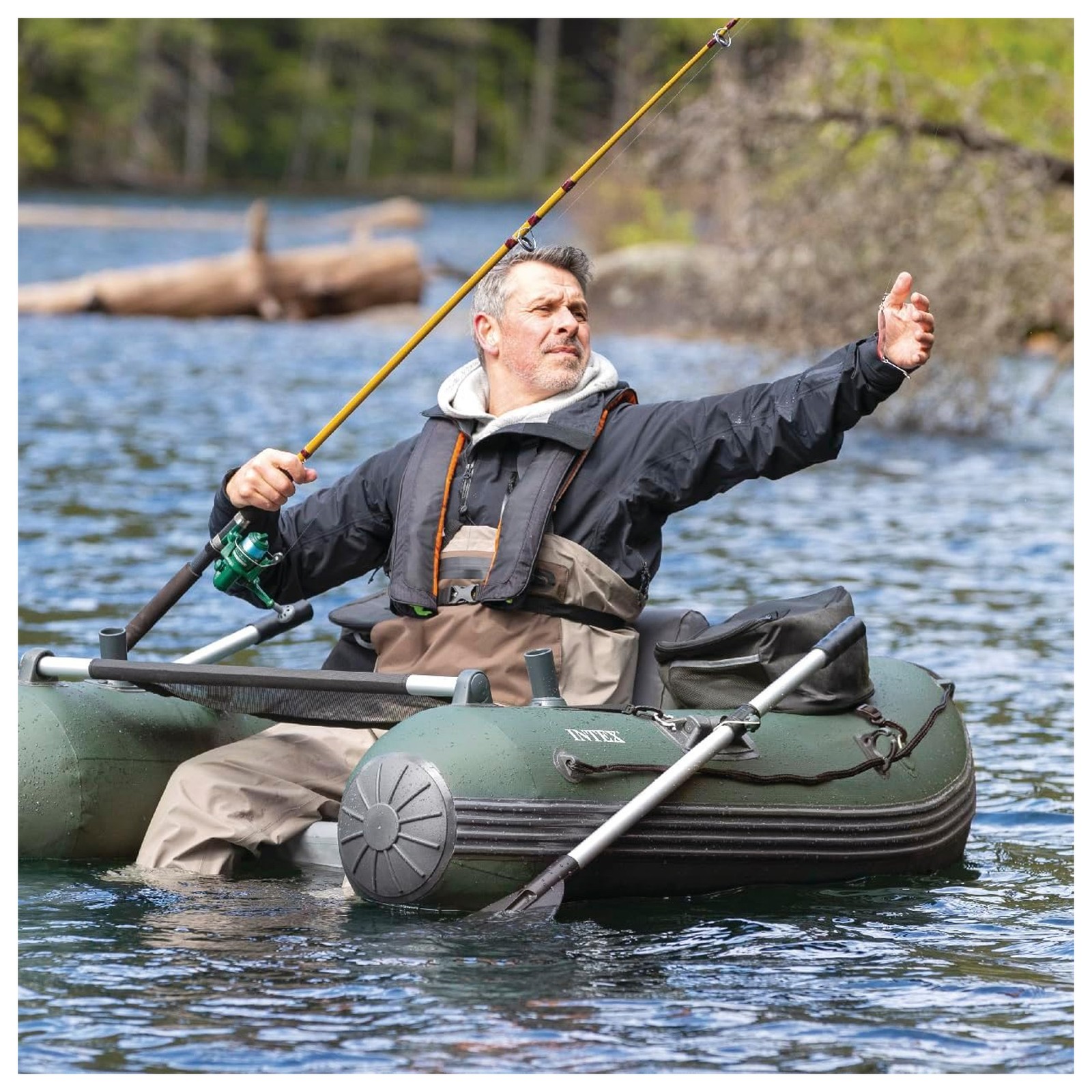 INTEX Big Catch Pro Inflatable Fishing Float Tube Set w/Oars, Pump & Rod Holders