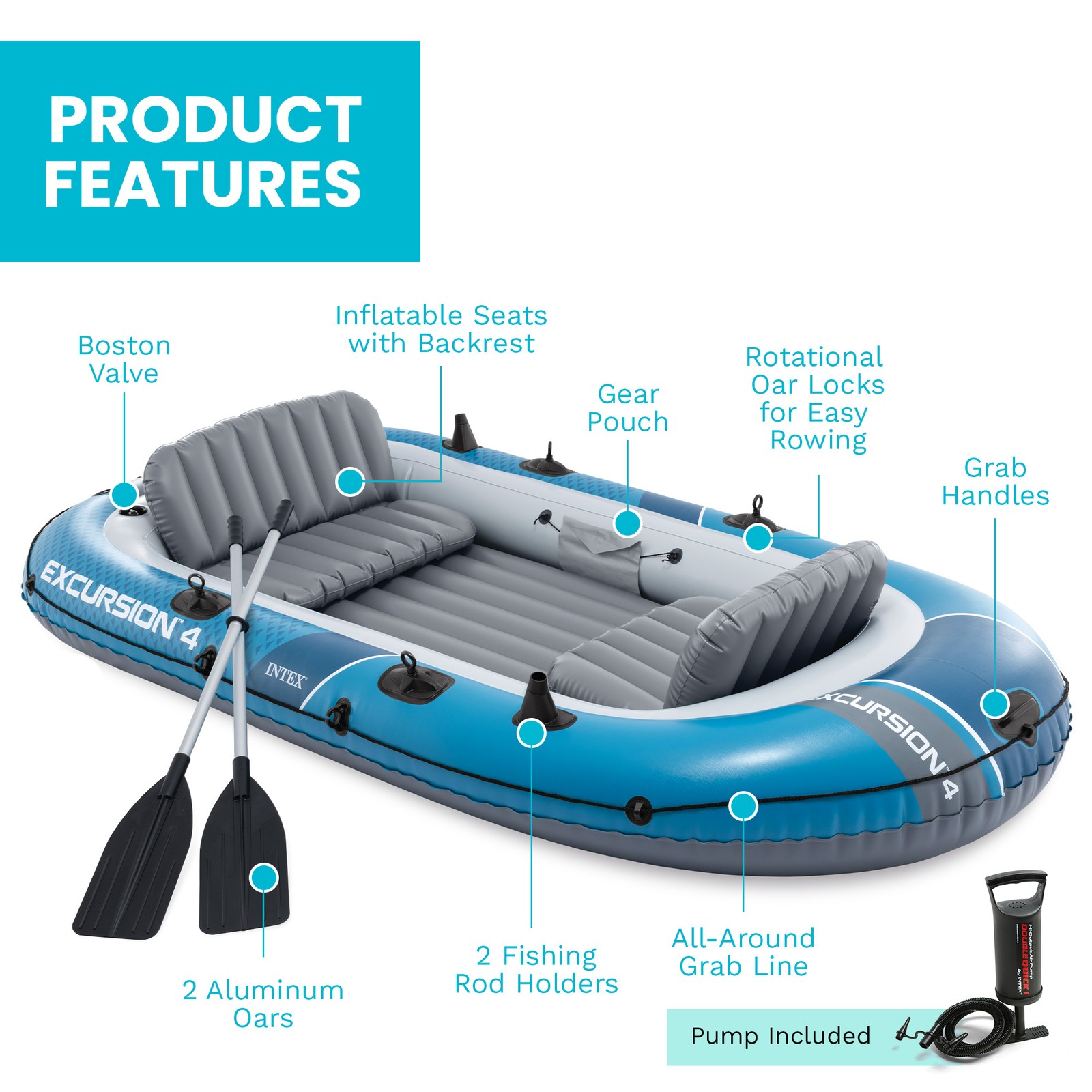 INTEX 66324EP Excursion 4 Inflatable Boat Set with 54″ Oars, Pump, & Rod Holders