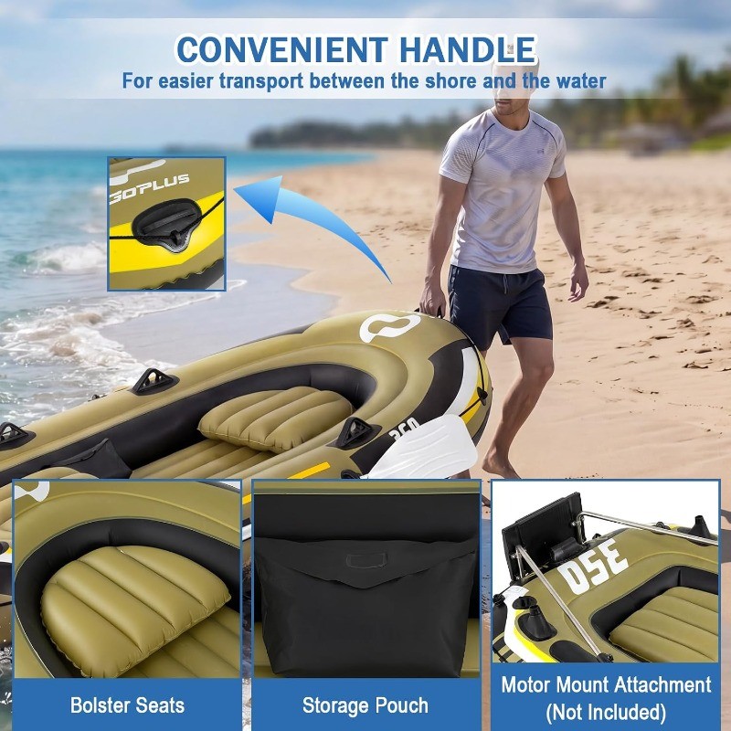 Inflatable Boat 3/4 Person Heavy-Duty Fishing Raft Set with Oars Bolster Seats