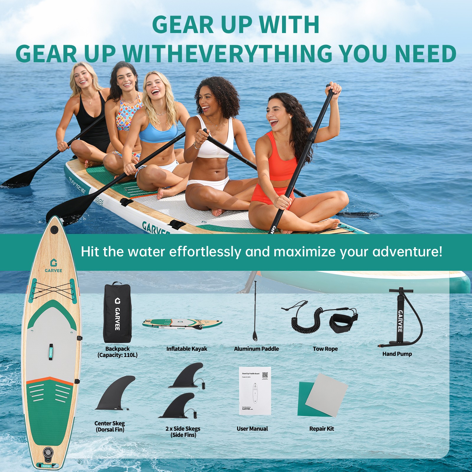 11FT Inflatable Paddle Board SUP 420lb Capacity w/ Paddle Pump Backpack Fins Kit