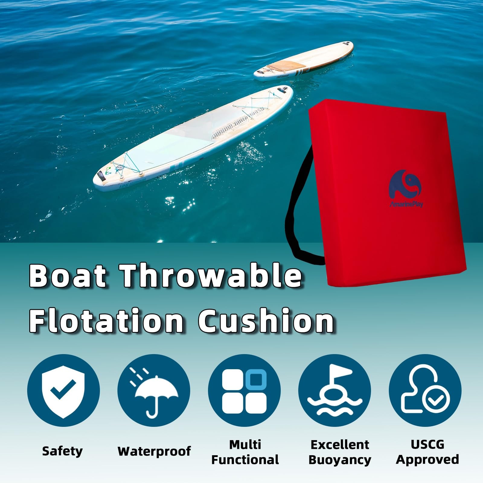 Throwable Flotation Cushion,Emergency Foam Boat 16»Wx14»Lx2.7»H, Red-1pack