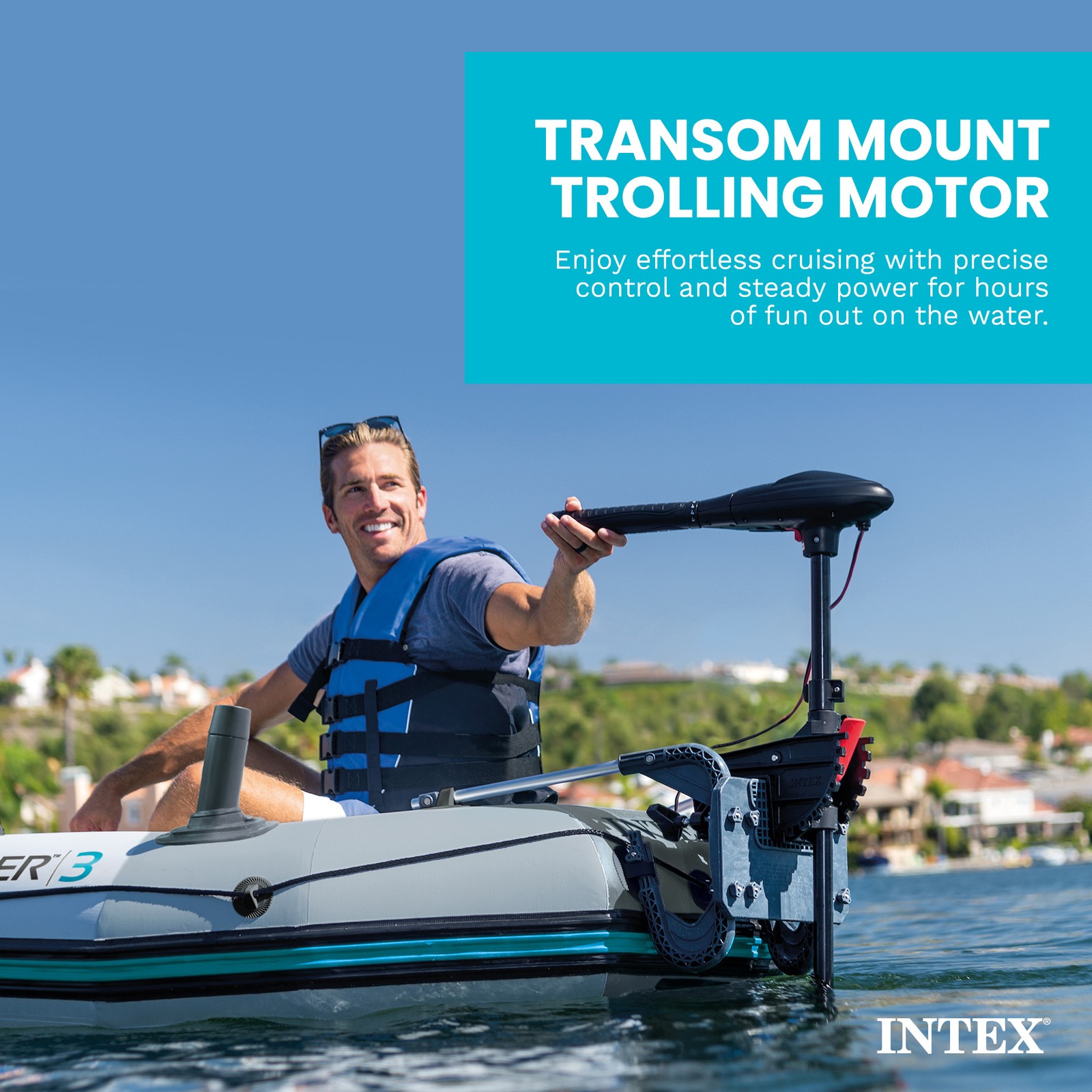 Intex 5 Person Fishing Boat Set w/2 Oars & Eight Speed Trolling Motor
