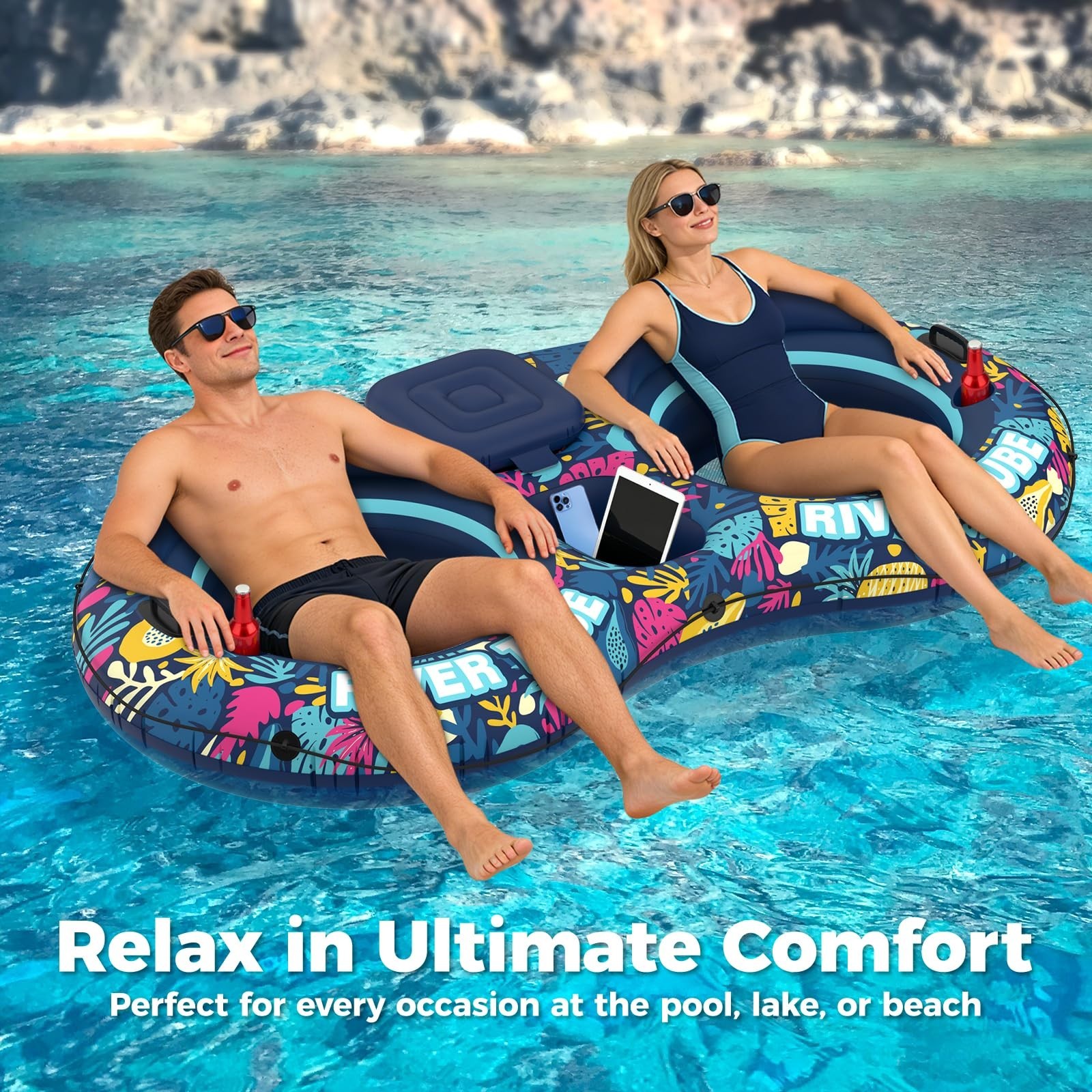 Inflatable 2-Person River Tube Float – Heavy Duty Raft with Cooler & Cup Holders